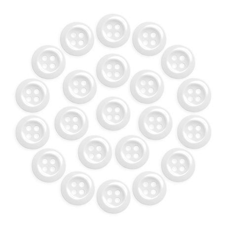 Twenty-four Work Shirt Buttons with four holes, military spec, white color, arranged in a circular pattern on a white background.