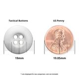 A Tactical Button in white melamine is shown next to a US penny, highlighting that the button is about the same size as the 19mm coin.