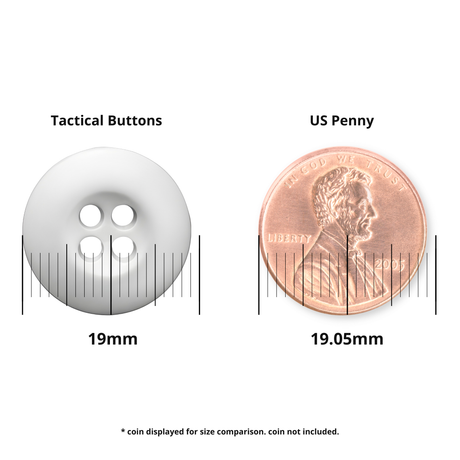 A Tactical Button in white melamine is shown next to a US penny, highlighting that the button is about the same size as the 19mm coin.