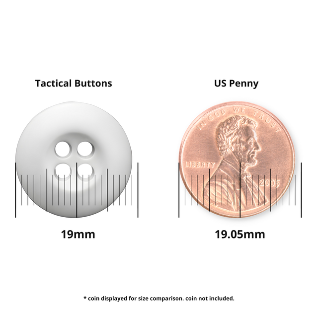 A Tactical Button in white melamine is shown next to a US penny, highlighting that the button is about the same size as the 19mm coin.