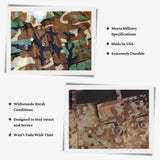 Two detailed shots of camouflage military uniforms highlight durability and design, showcasing Tactical Buttons with bullet points on their tactical fasteners and military spec quality.