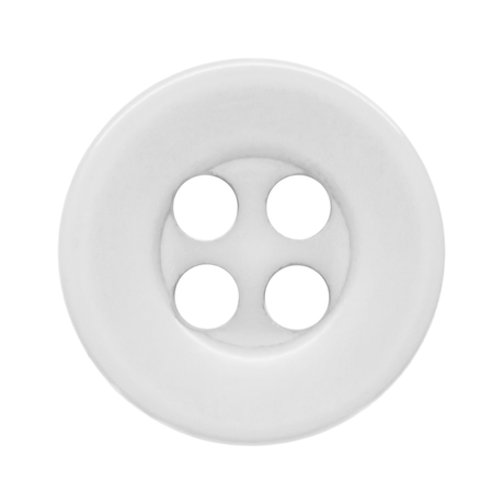 A white, round, four-hole Workshop Uniform Shirt Button made from durable nylon is shown against a plain white background.