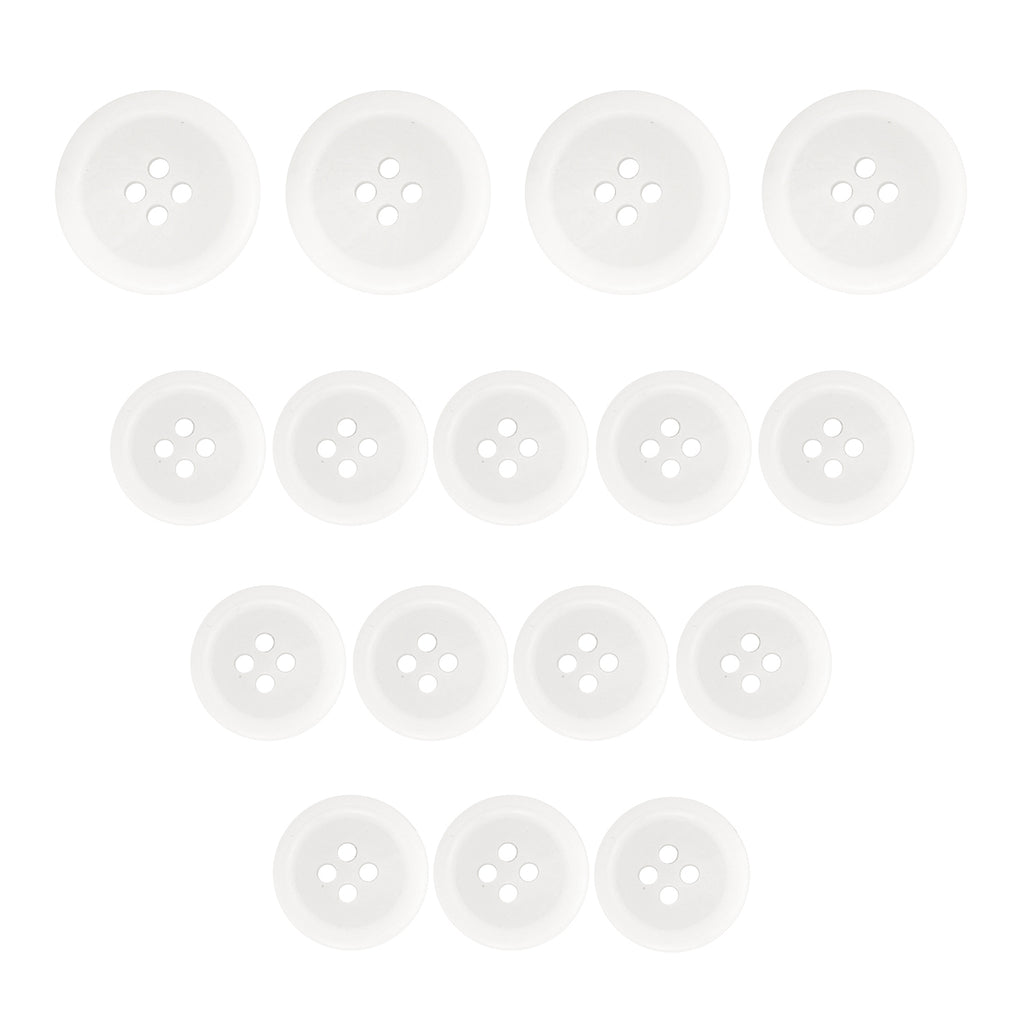 A set of fifteen Regular Suit Buttons, white with four holes, neatly arranged in rows on a white background.