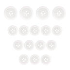 A set of fifteen Regular Suit Buttons, white with four holes, neatly arranged in rows on a white background.