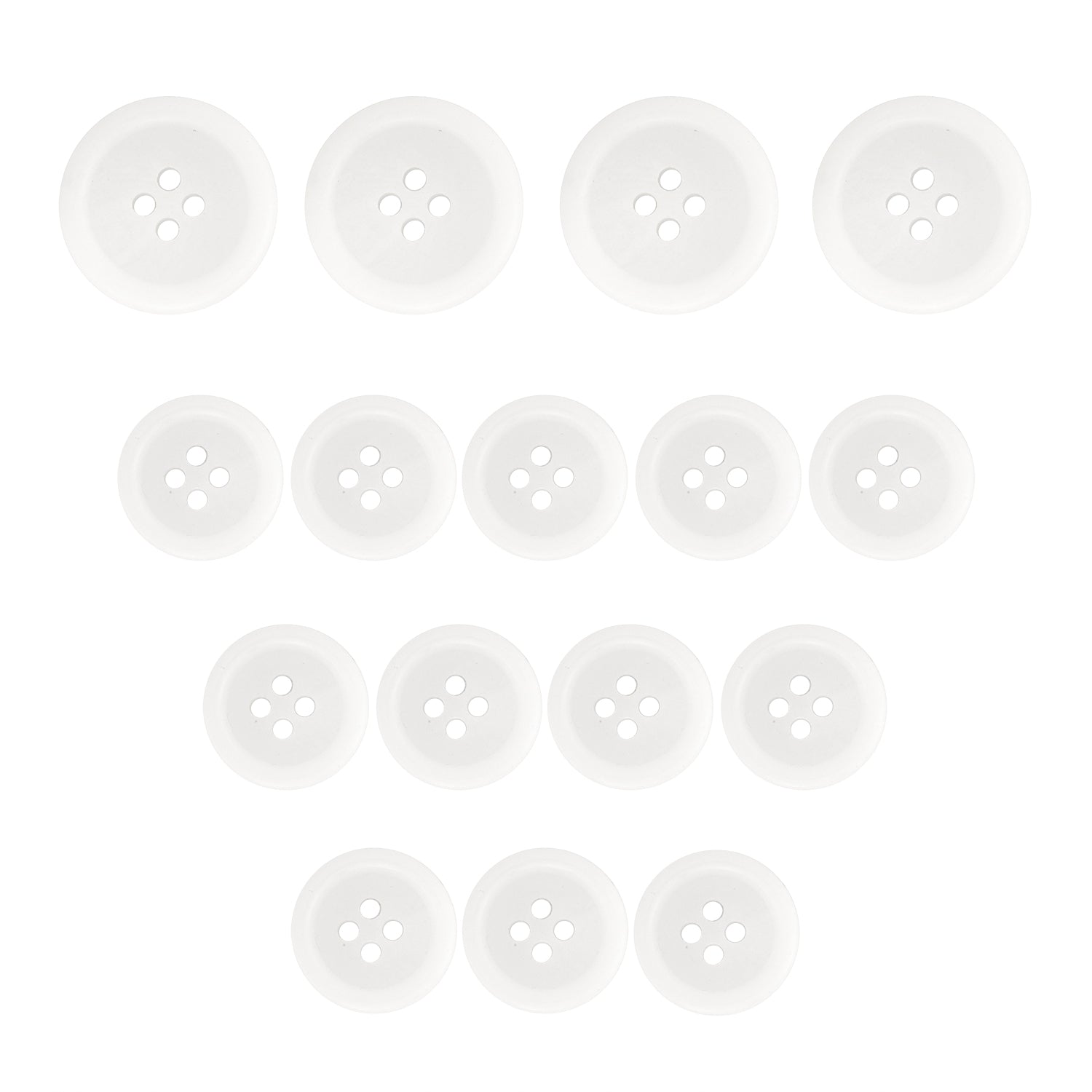 A set of fifteen Regular Suit Buttons, white with four holes, neatly arranged in rows on a white background.