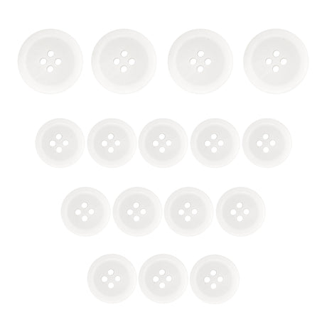 A set of fifteen Regular Suit Buttons, white with four holes, neatly arranged in rows on a white background.