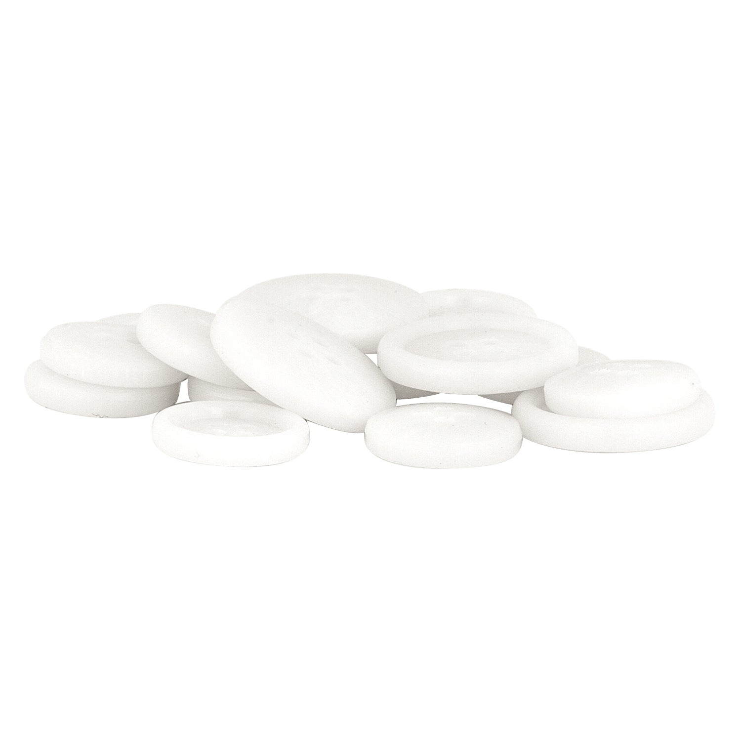 A pile of Regular Suit Buttons on a plain white background, resembling round, white peppermint candies or replacement buttons for a crisp suit.