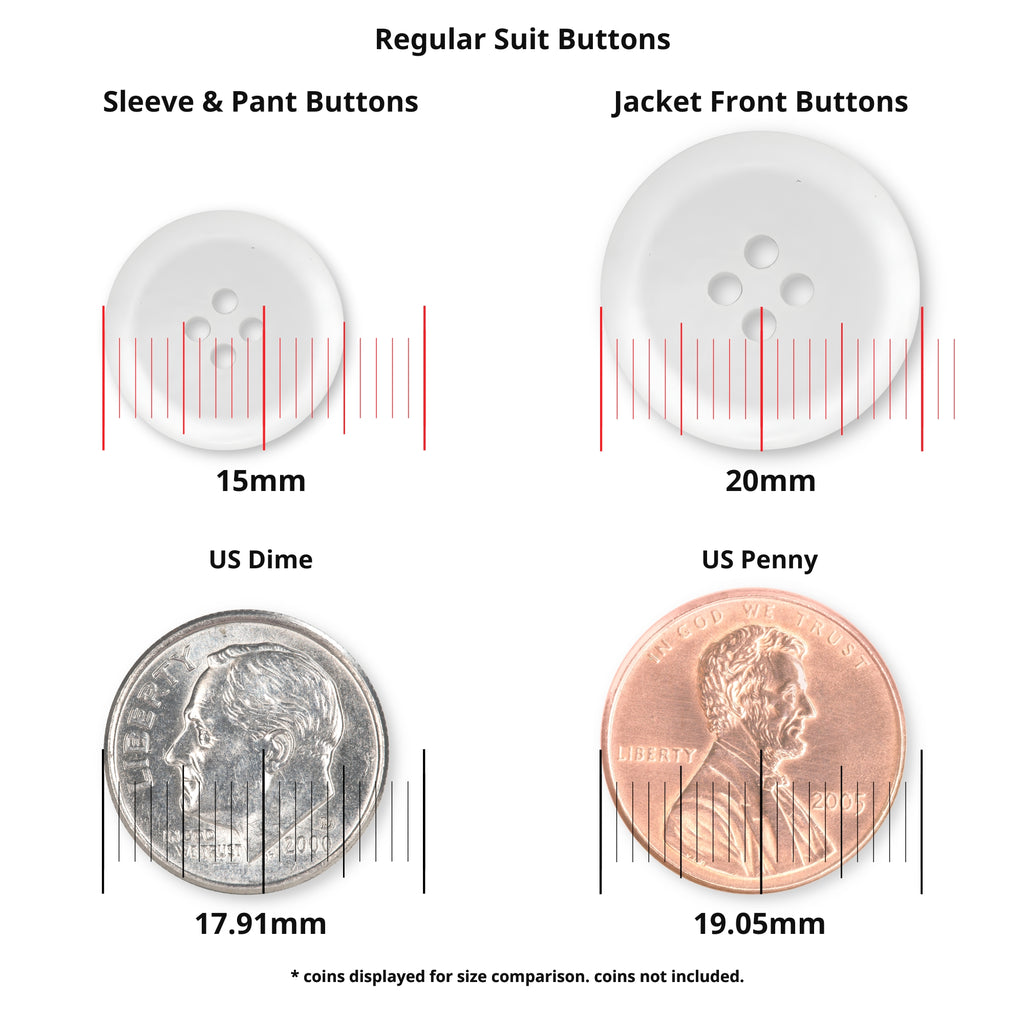 Comparison of Regular Suit Buttons and coins, including black buttons with labeled sizes: 15mm, 20mm, 17.91mm, and 19.05mm—ideal for choosing perfectly matching replacement buttons.