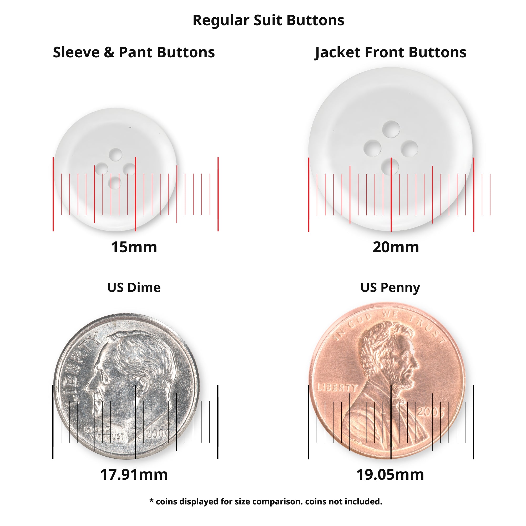 Comparison of Regular Suit Buttons and coins, including black buttons with labeled sizes: 15mm, 20mm, 17.91mm, and 19.05mm—ideal for choosing perfectly matching replacement buttons.