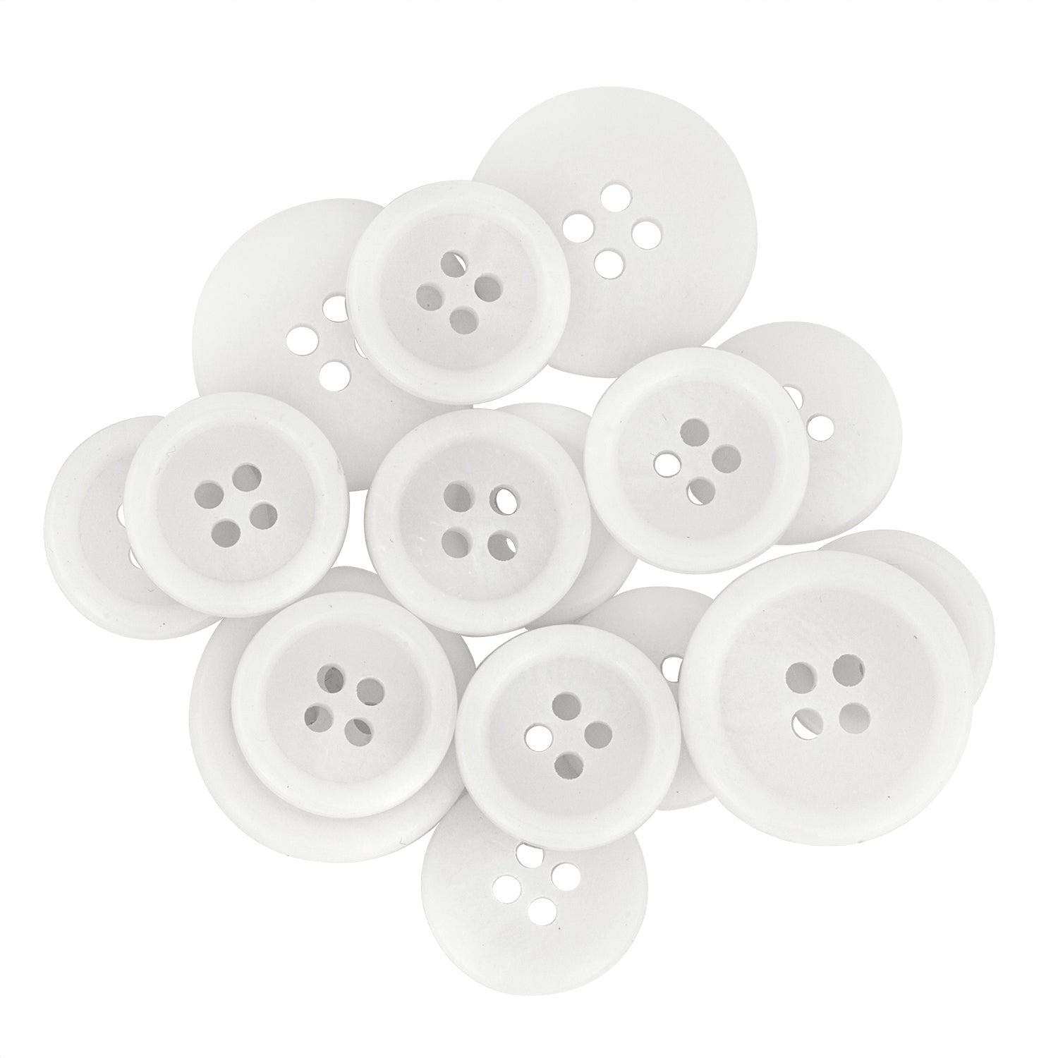 A pile of Regular Suit Buttons—white, round with two or four holes, plus a few black ones—displayed on a white background; ideal replacements for shirts or suits.