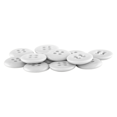 A set of ten white, round Suspender Brace Pant Buttons with four holes is displayed on a plain white background—perfect for use as brace pant or military spec suspender buttons.