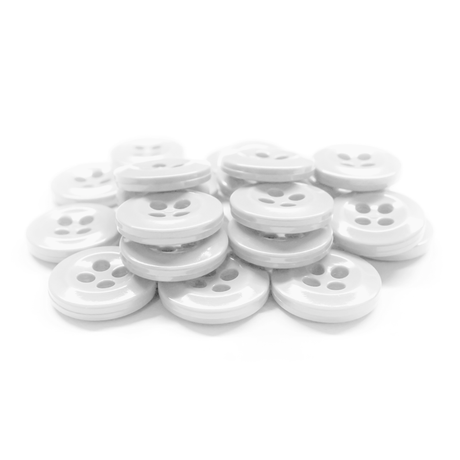 A pile of shiny white Work Shirt Buttons, featuring four holes and military spec design, arranged on a white background.