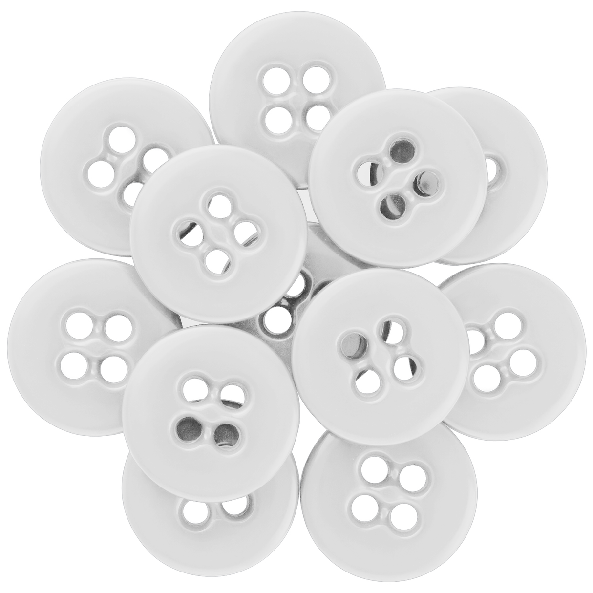 A cluster of white Suspender Brace Pant Buttons with four holes, arranged in a circular pattern on a white background.