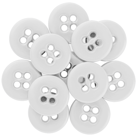 A cluster of white Suspender Brace Pant Buttons with four holes, arranged in a circular pattern on a white background.