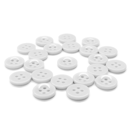 Workshop Uniform Shirt Buttons—small, round, white nylon buttons known for durability—displayed in a loose circle on a white background.