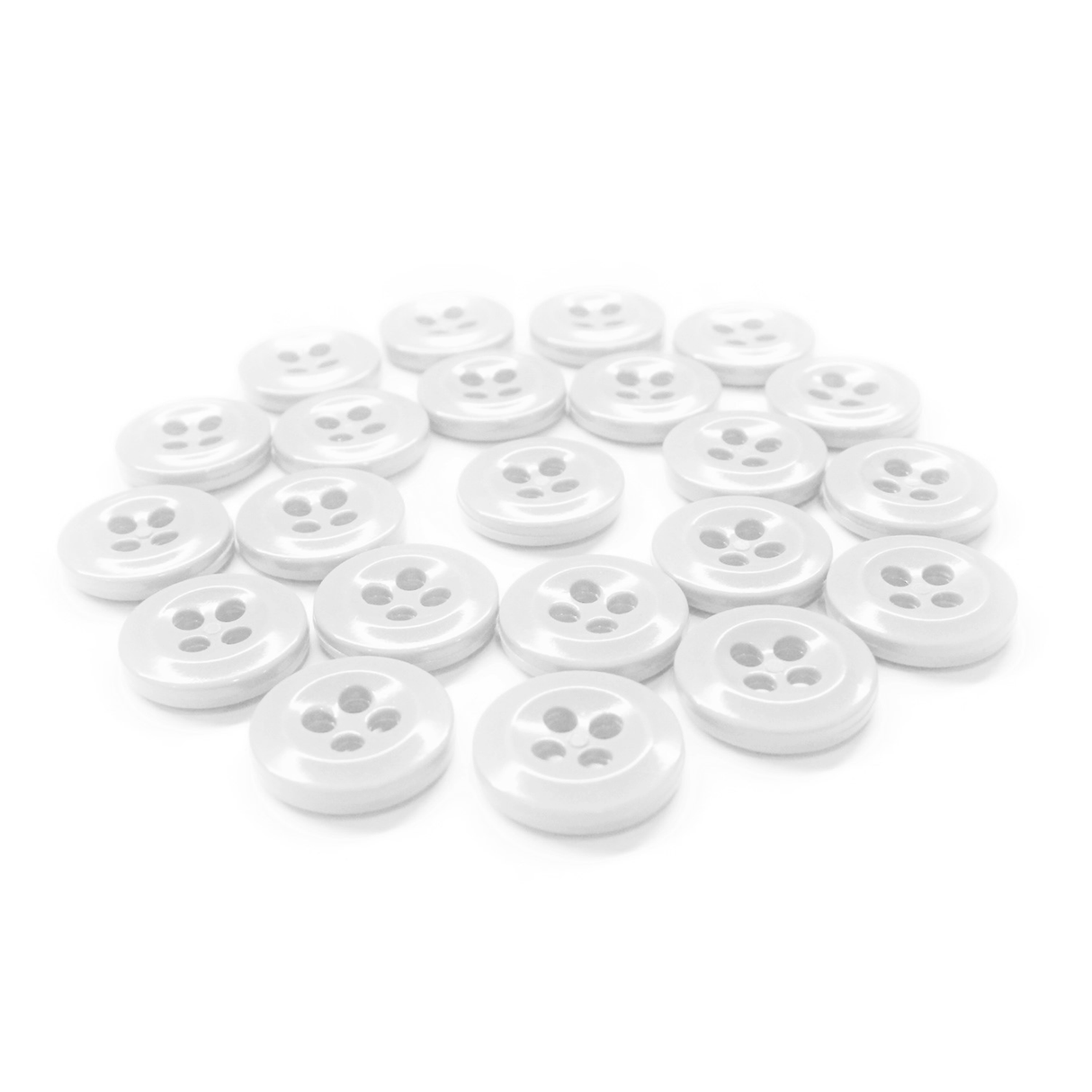 A set of small, round, white Work Shirt Buttons with four holes arranged on a white background.