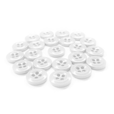 A set of small, round, white Work Shirt Buttons with four holes arranged on a white background.