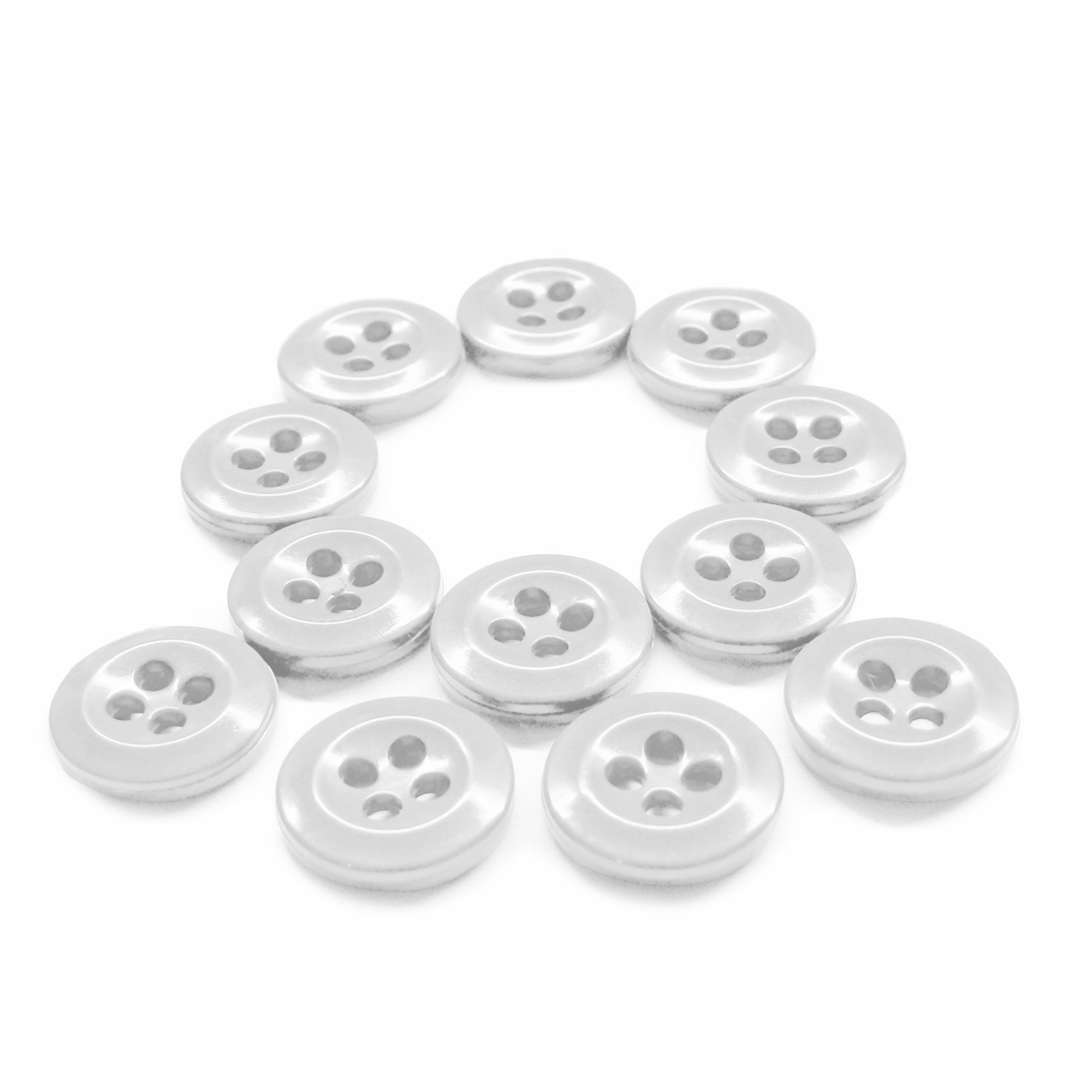 A 12-pack of white, four-hole Work Shirt Buttons arranged in a circle on a white background.