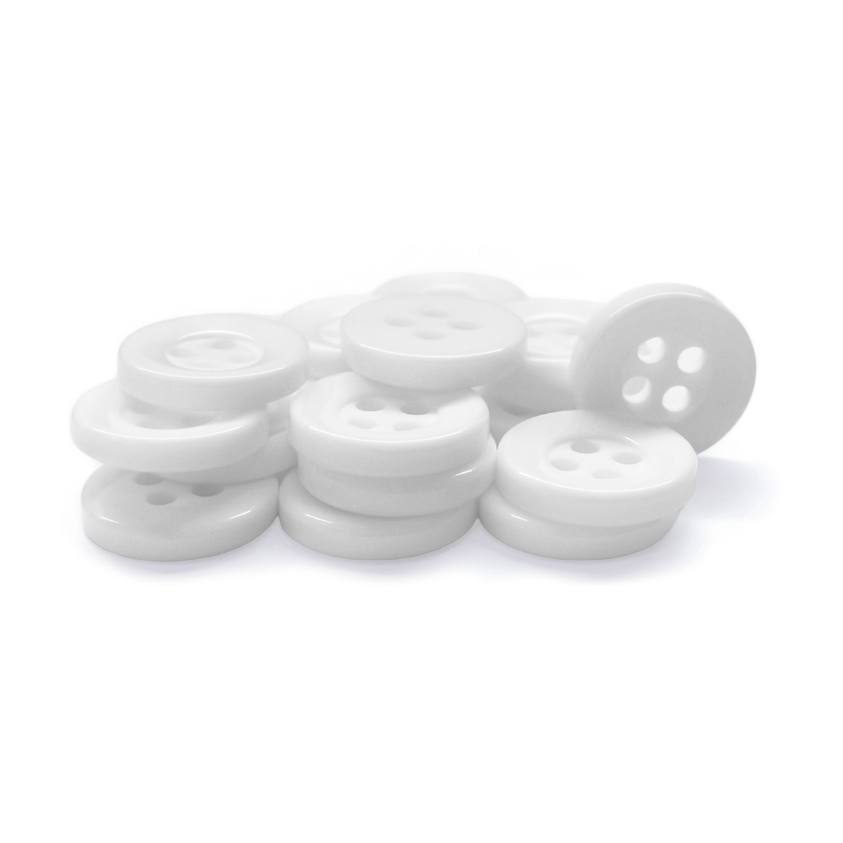 Workshop Uniform Shirt Buttons: A pile of white, round, four-hole durable nylon buttons on a white background—ideal for workshop uniforms.