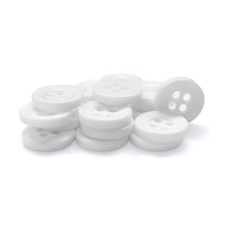 Workshop Uniform Shirt Buttons: A pile of white, round, four-hole durable nylon buttons on a white background—ideal for workshop uniforms.