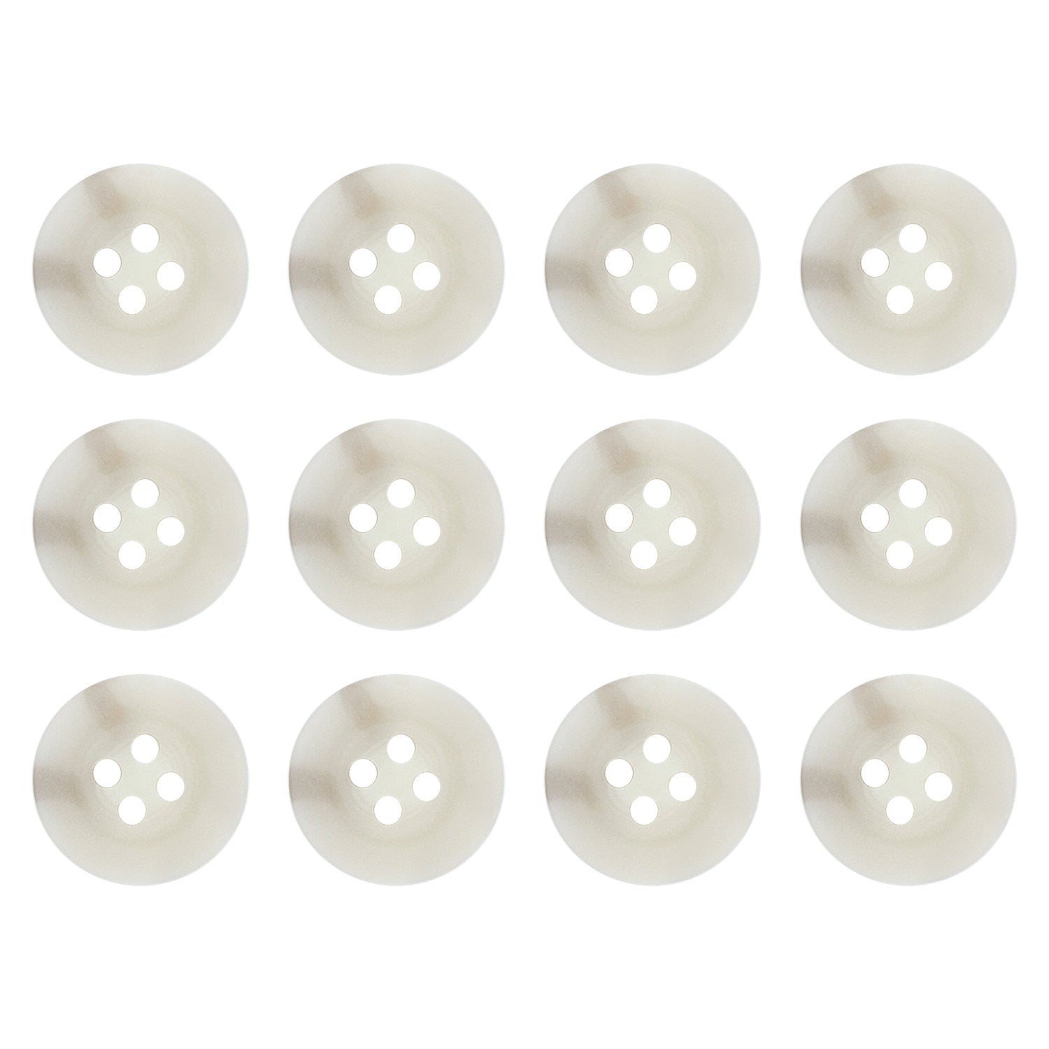 Twelve white, round four-hole Khakis, Chinos and Casual Cotton Pant Buttons, ideal as replacement pants buttons, are neatly arranged in three rows on a white background.
