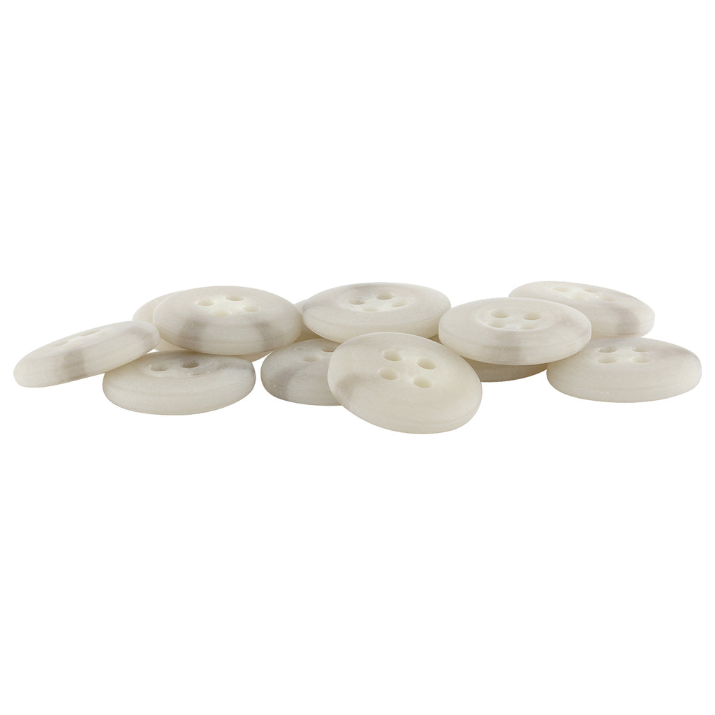 Ten white, round, four-hole Khakis, Chinos and Casual Cotton Pant Buttons are arranged on a white background.