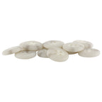 Ten white, round, four-hole Khakis, Chinos and Casual Cotton Pant Buttons are arranged on a white background.