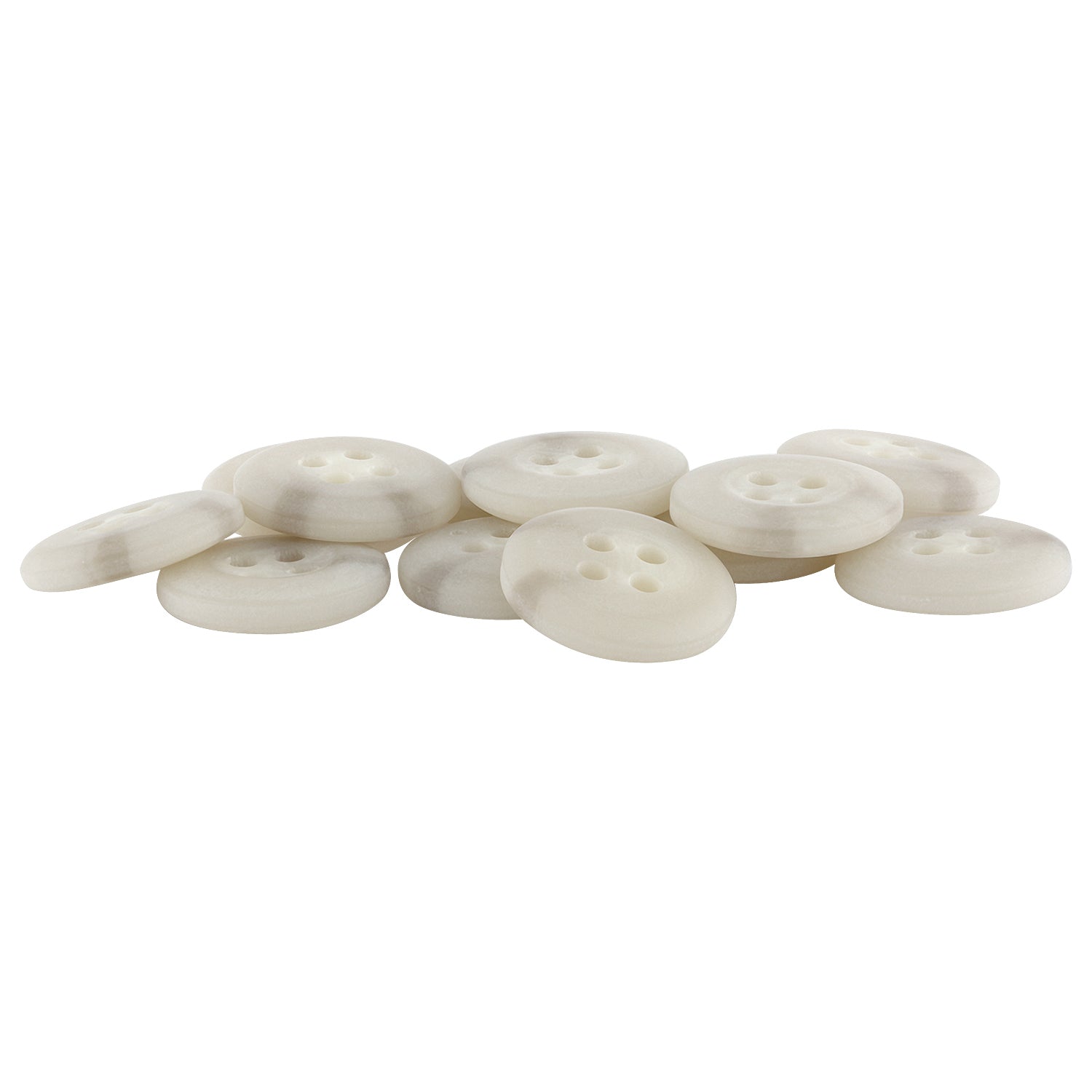 Ten white, round, four-hole Khakis, Chinos and Casual Cotton Pant Buttons are arranged on a white background.