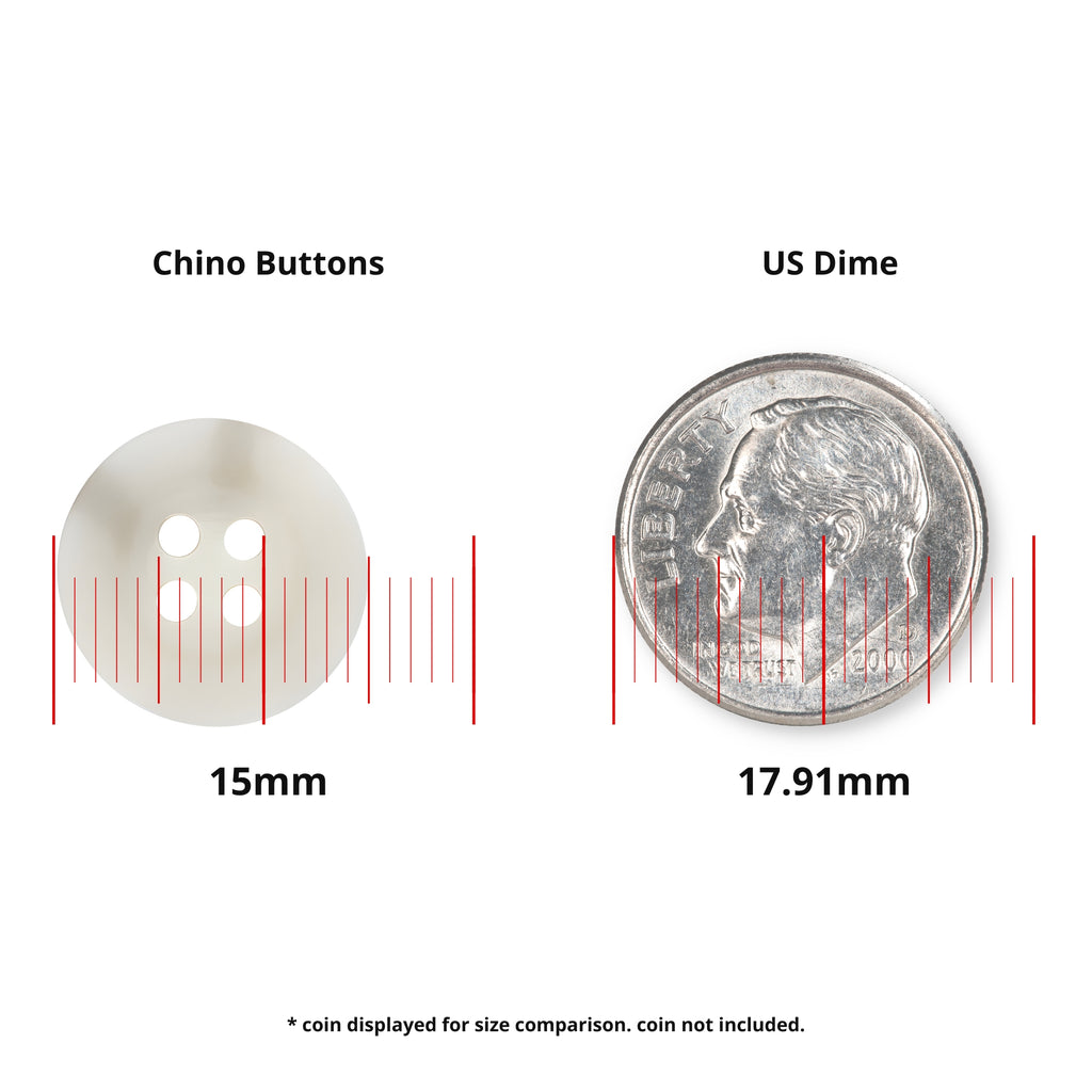 A 15mm white "Khakis, Chinos and Casual Cotton Pant Button" is shown next to a 17.91mm US dime for size comparison, with measurements labeled.