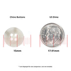 A 15mm white "Khakis, Chinos and Casual Cotton Pant Button" is shown next to a 17.91mm US dime for size comparison, with measurements labeled.