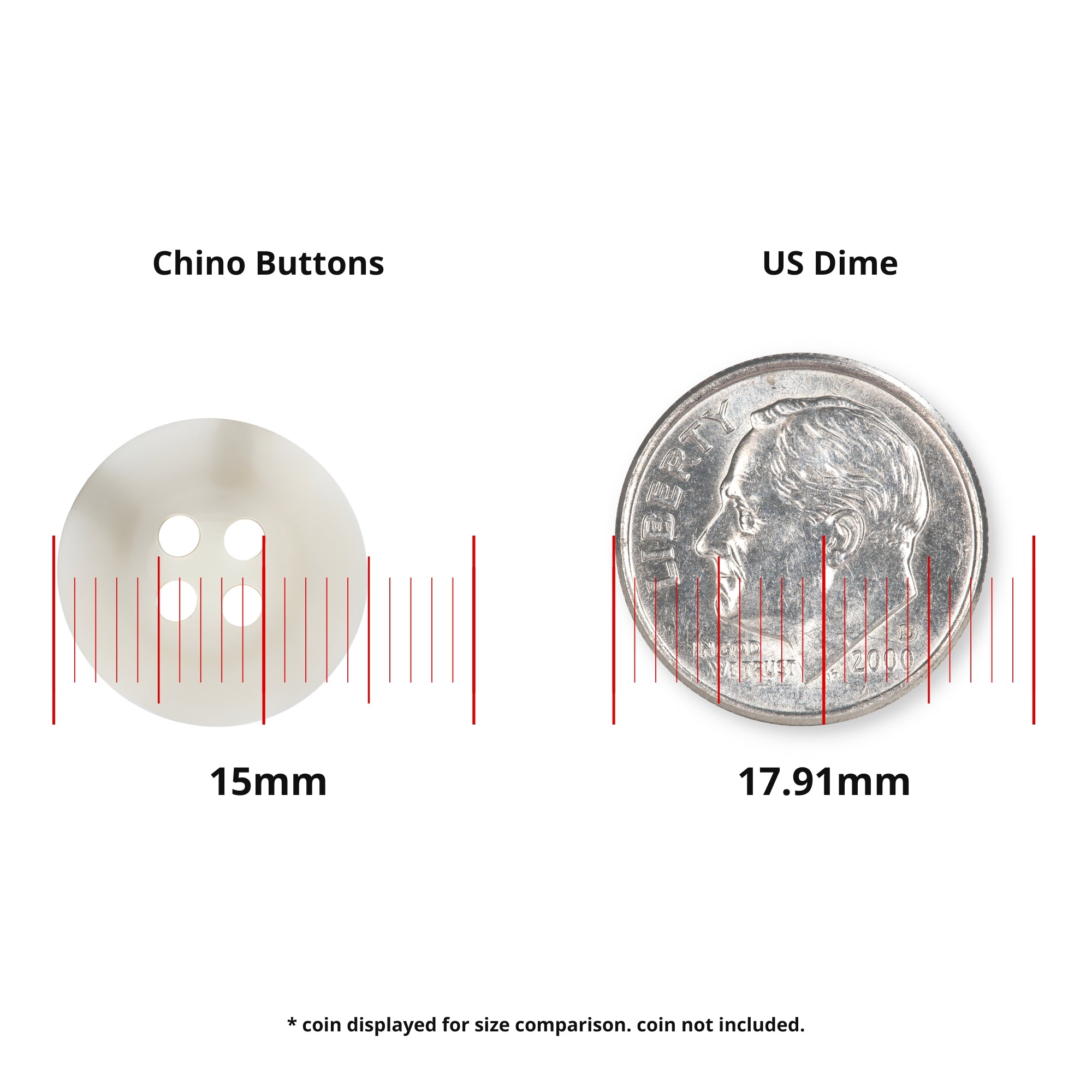 A 15mm white "Khakis, Chinos and Casual Cotton Pant Button" is shown next to a 17.91mm US dime for size comparison, with measurements labeled.