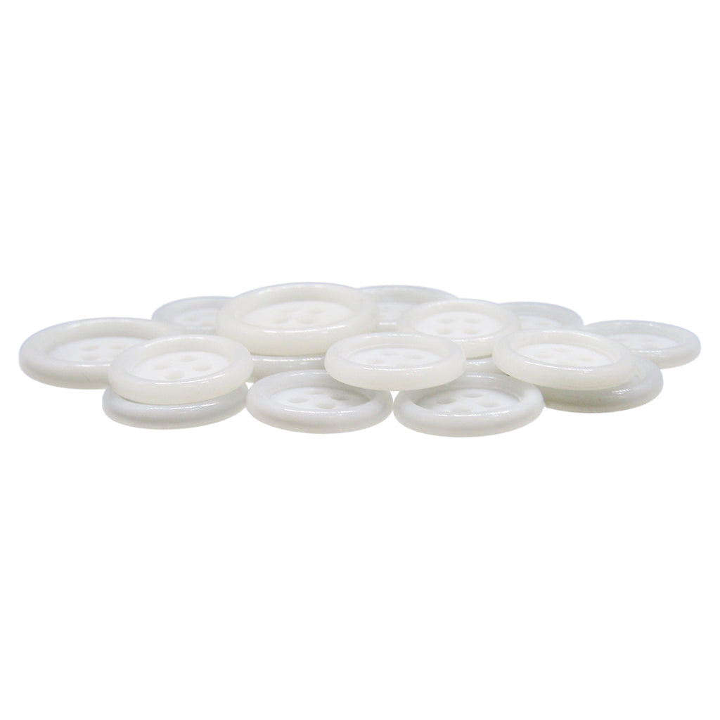A set of small, round, white Luxury Suit Buttons with four holes displayed on a white surface.