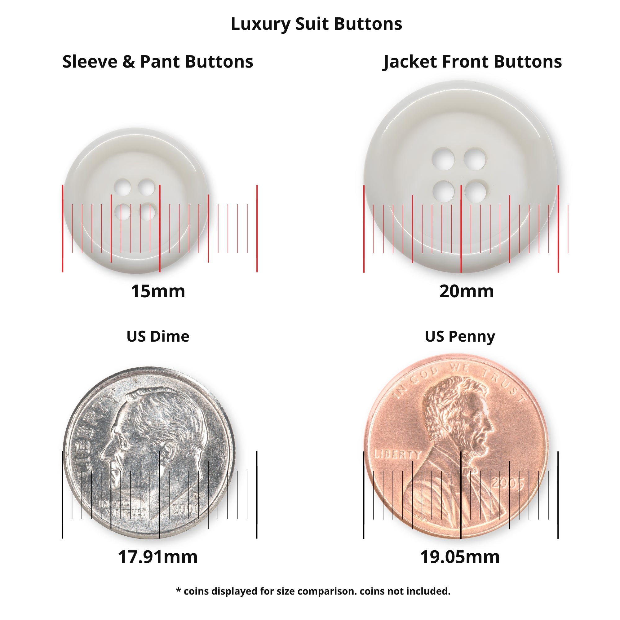 Luxury Suit Buttons, featuring buffalo bone and vegan options, are compared in size to a dime and penny; both button and coin diameters are shown in millimeters.