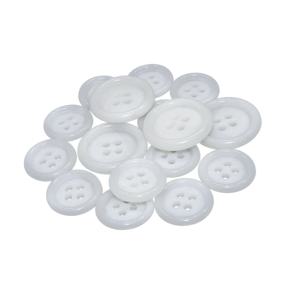 A selection of Luxury Suit Buttons, white vegan four-hole style, in assorted sizes displayed on a white background.