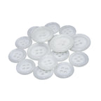 A selection of Luxury Suit Buttons, white vegan four-hole style, in assorted sizes displayed on a white background.