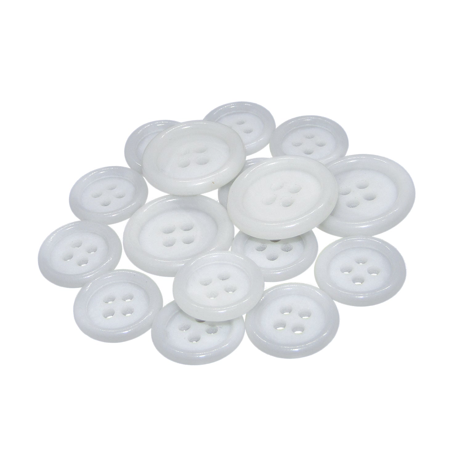 A selection of Luxury Suit Buttons, white vegan four-hole style, in assorted sizes displayed on a white background.