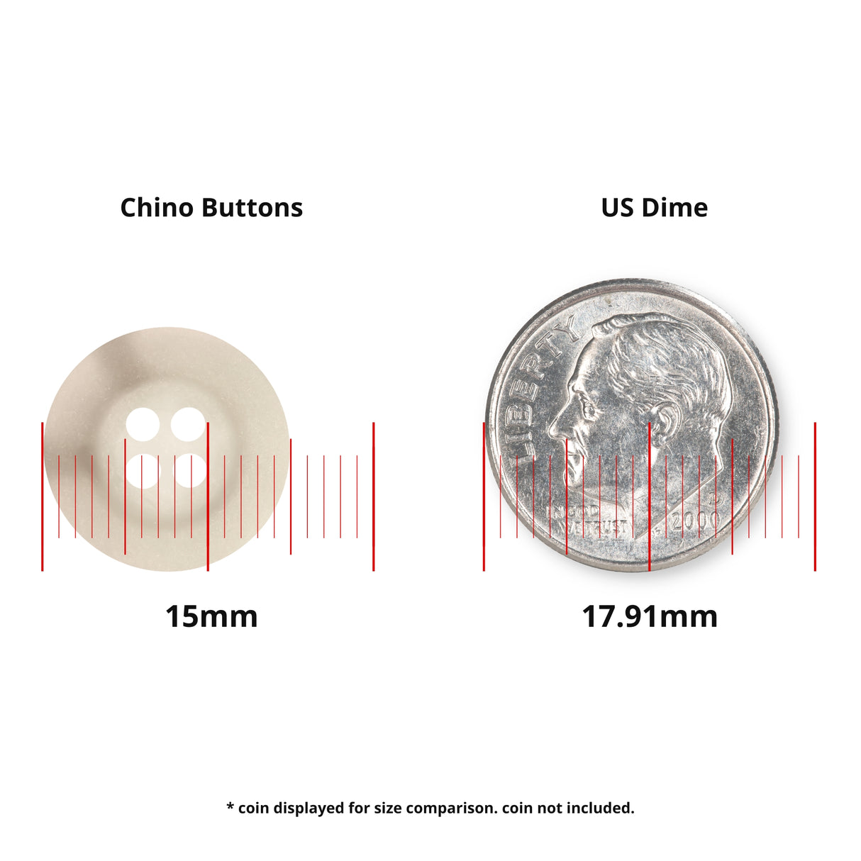 A 15mm Khakis, Chinos and Casual Cotton Pant Button beside a 17.91mm US dime, both shown with measurement lines for size comparison.