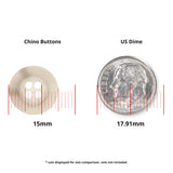 A 15mm Khakis, Chinos and Casual Cotton Pant Button beside a 17.91mm US dime, both shown with measurement lines for size comparison.