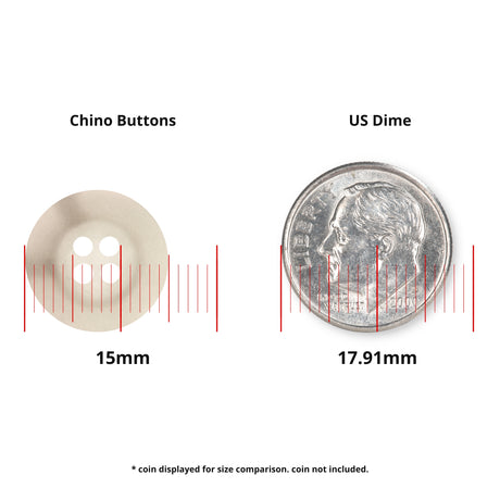 A 15mm Khakis, Chinos and Casual Cotton Pant Button beside a 17.91mm US dime, both shown with measurement lines for size comparison.