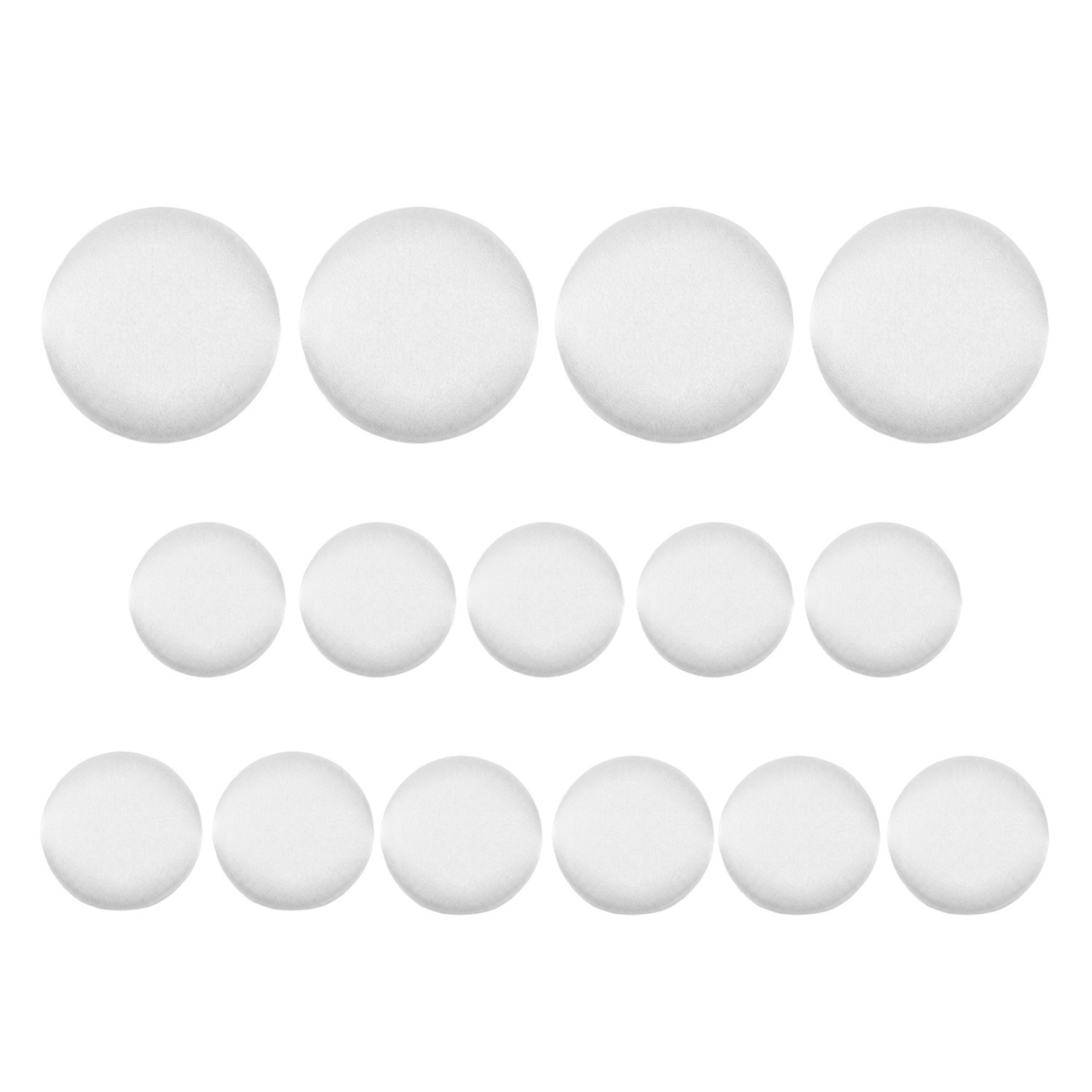Eleven small and four large round white Tuxedo Suit Buttons, evoking formalwear, are organized in three rows on a white background.