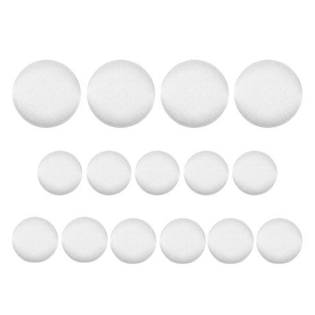 Eleven small and four large round white Tuxedo Suit Buttons, evoking formalwear, are organized in three rows on a white background.
