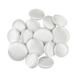 A pile of round, white satin Tuxedo Suit Buttons arranged on a white background.
