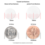 See size comparisons of Tuxedo Suit Buttons next to a dime and penny, with measurement lines in millimeters—ideal for choosing the perfect formalwear buttons.