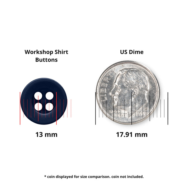 Workshop Uniform Shirt Button (13 mm), ideal for replacing work shirt or industrial workwear buttons. Shown beside a US dime (17.91 mm) with size lines for accurate comparison.