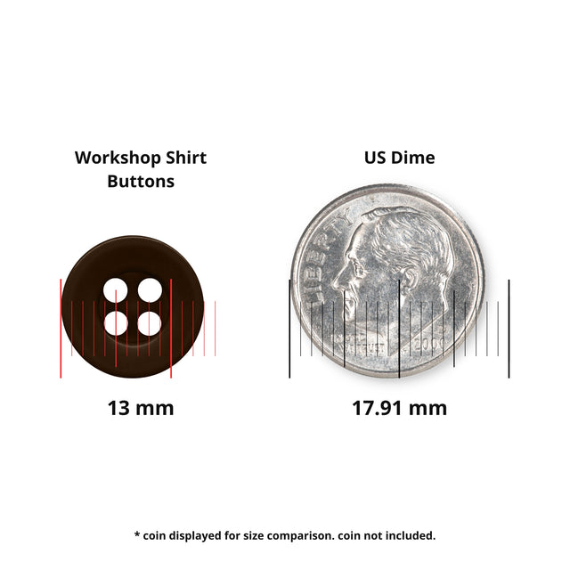 A Workshop Uniform Shirt Button (13 mm) is shown beside a 17.91 mm US dime for size comparison, making it ideal as a replacement button for industrial workwear shirts.