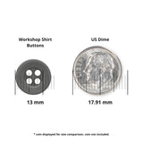 A Workshop Uniform Shirt Button in gray, measuring 13 mm, placed beside a 17.91 mm US dime for size comparison—perfect as a replacement button for industrial workwear shirts.