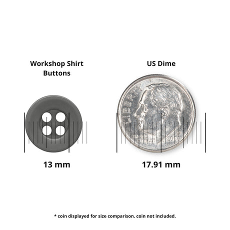 A Workshop Uniform Shirt Button in gray, measuring 13 mm, placed beside a 17.91 mm US dime for size comparison—perfect as a replacement button for industrial workwear shirts.