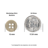 A Workshop Uniform Shirt Button in tan is shown beside a US dime, with size labels indicating 13 mm for the button and 17.91 mm for the dime—perfect as a replacement for industrial workwear or to add to your work shirt button collection.