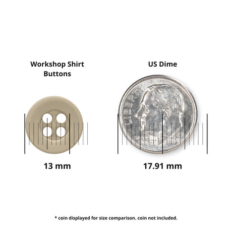 A Workshop Uniform Shirt Button in tan is shown beside a US dime, with size labels indicating 13 mm for the button and 17.91 mm for the dime—perfect as a replacement for industrial workwear or to add to your work shirt button collection.