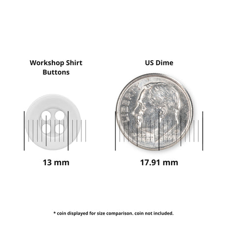 The Workshop Uniform Shirt Button, in white and measuring 13mm, is shown next to a 17.91mm US dime for size comparison. Its dimensions make it an ideal replacement button for industrial workwear, with measurements displayed in the image.
